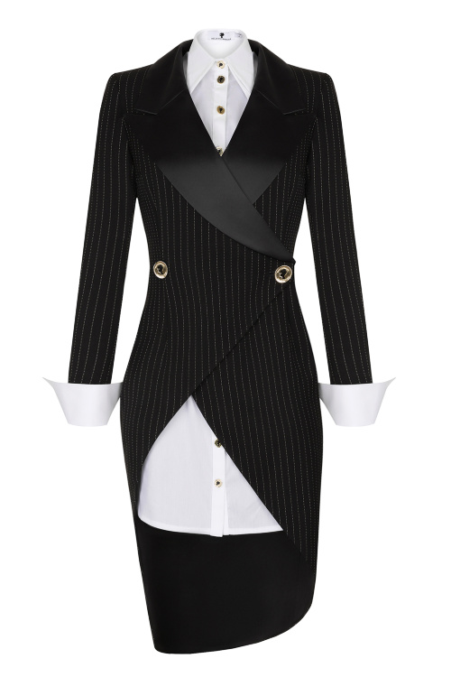 Комплект "Беллучи", платье - фрак, черное - полоска с блузой 