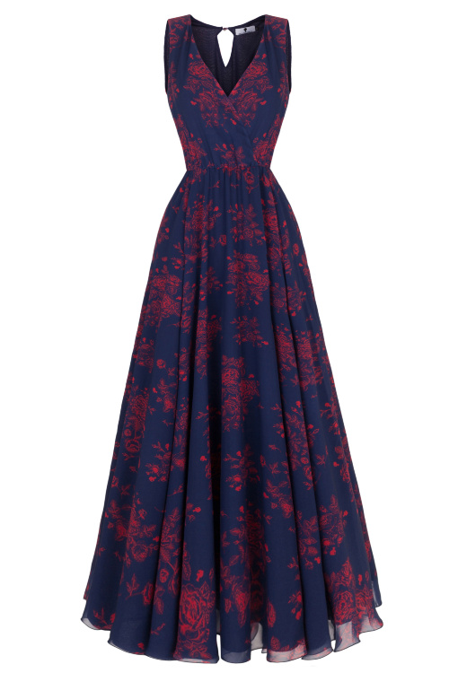 Платье "Гвиннет" синее, красный принт, макси