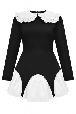 Платье "Сати" черное, широкий белый воротник и подол, имитация подвязок