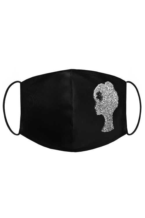 Маска защитная для лица, декоративная c лого из страз серебро (черная)
