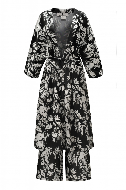 Костюм - пижама "Фёрн" черный, шелк, принт папоротник (халат - туника)