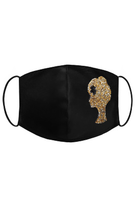Маска защитная для лица, декоративная c лого из страз золото (черная)