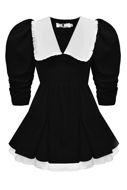 Платье "Лорена" черное, белый воротник и подол, рукава в сборку