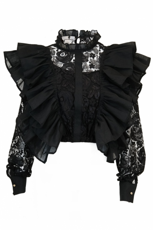 Блуза "Мирель" черная, кружево, воланы, с манжетами + топ