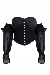 Блуза - топ - корсет черный, рукава фонарики шифон, с воланами, пуговицы 