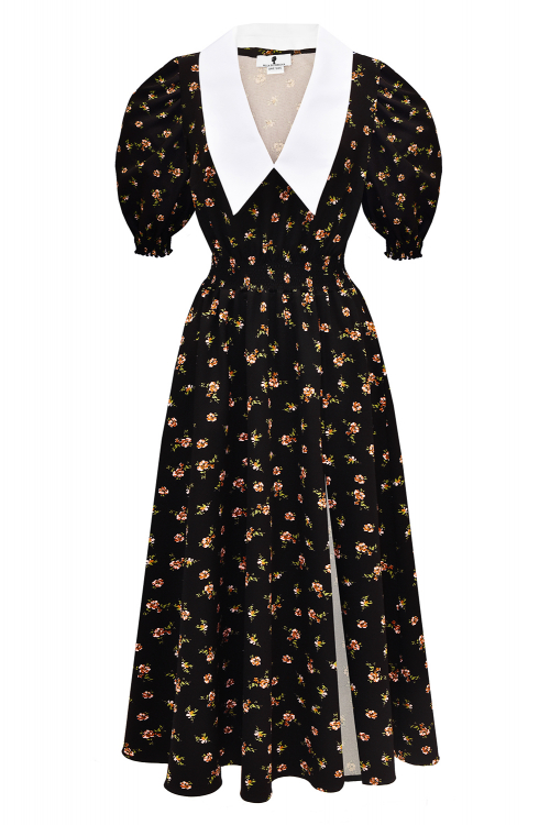 Платье "Эсми" черное, принт бежевые цветы