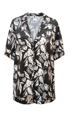 Костюм - пижама "Пальм" черный, шелк, принт папоротник (рубашка короткий рукав + шорты)