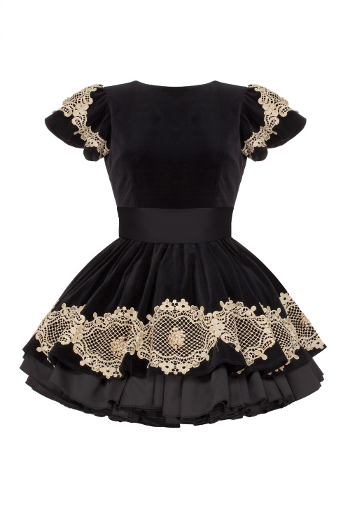 Платье "Амели" черный бархат, золотое кружево, мини