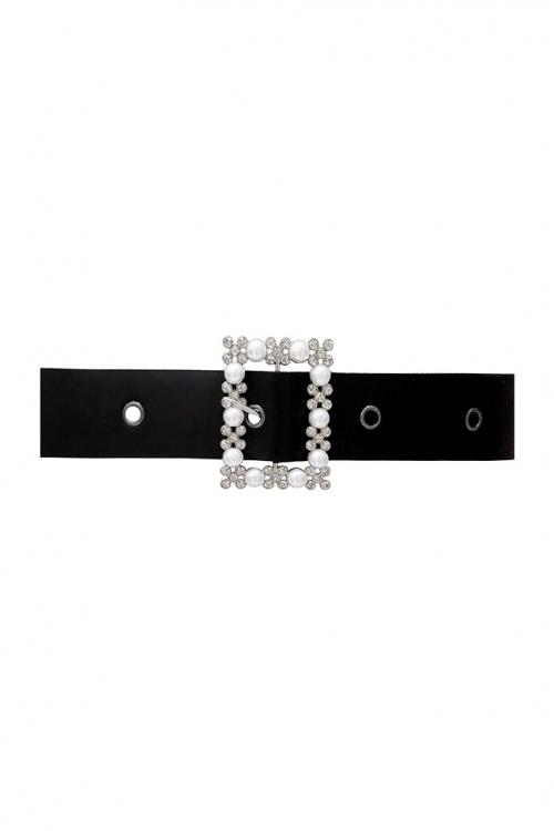 Ремень (пояс) черный (35мм), эко-кожа, пряжка 45мм "прямоугольник" с жемчугом и стразами (серебро)
