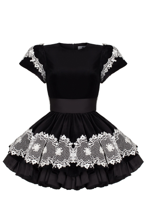 Платье "Амели" черный бархат, молочное кружево, мини