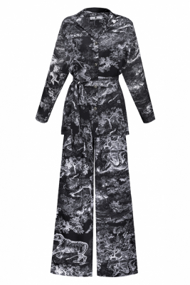 Костюм - пижама "Паскаль" молочный, черный принт "прованс", с поясом