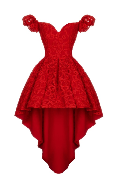Платье "Джульетта" красное кужево, сердечки, мини со шлейфом