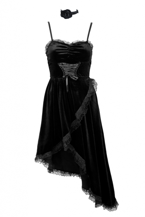 Платье черное, бархат, со шлейфом по косой, кружево по декольте, на завязках
