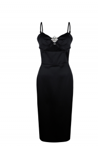Платье &quot;Бернар&quot;, миди, чёрное, атлас, футляр, с брошью, фигурный бюст