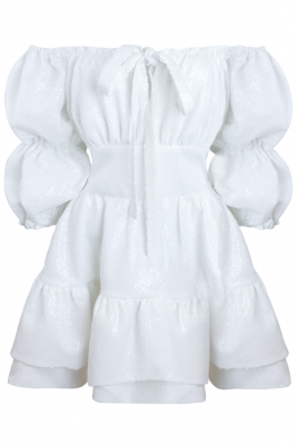 Платье "Барби" молочное, пайетки, с воланами по юбке, мини