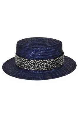 Шляпа "Канотье" синяя со стразами