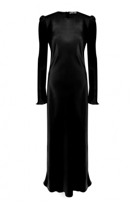 Платье "Гарнет" черное, атлас (шелк), макси + брошь "Камелия"
