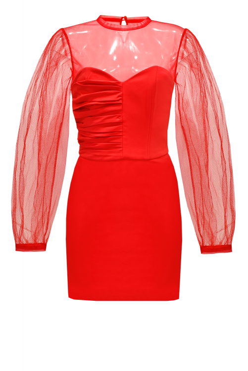 Комплект "Келси" красный (платье мини с блузкой из сетки)