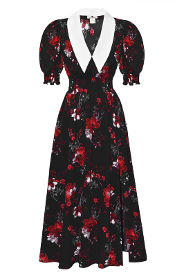 Платье "Эсми" черное, принт красные крупные цветы, с воротничком
