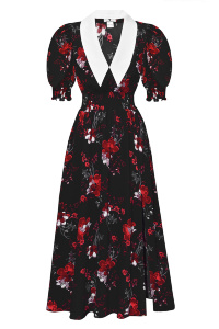 Платье &quot;Эсми&quot; черное, принт красные крупные цветы, с воротничком