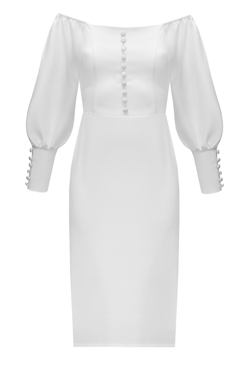 Платье "Андрия" белое, декорированное пуговицами, миди