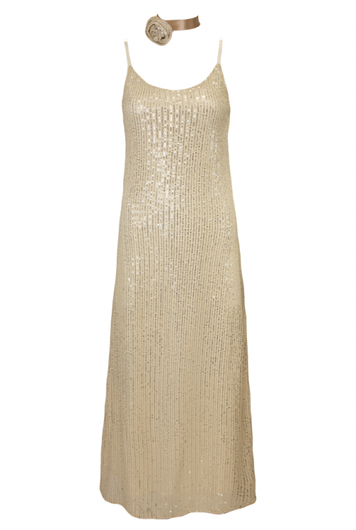 Платье - комбинация "Эйвон" бежевая, серебристые пайетки, макси