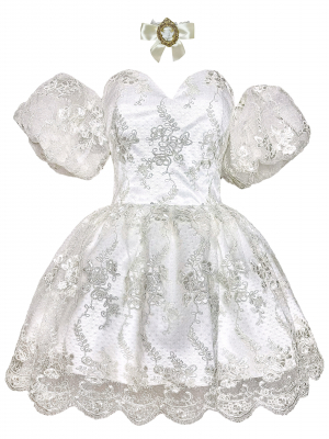 Платье-пачка 2 в 1 "Дантель" белое, молочное, мини, блестящее кружео, съемные рукава + чокер ручной работы