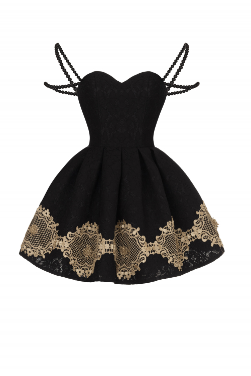Платье "Кирстен" черное, золотистое кружево, черный жемчуг, мини