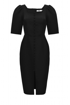 Платье "Мэдлин" черное, декорированное пуговицами, короткий рукав, миди