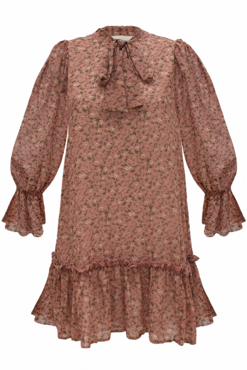 Платье "Велари" персиковое, цветочный принт, с бантом, шифон
