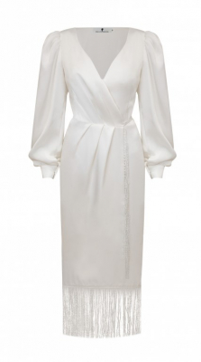 Платье "Сибара" белое, атлас (шелк), с бахромой