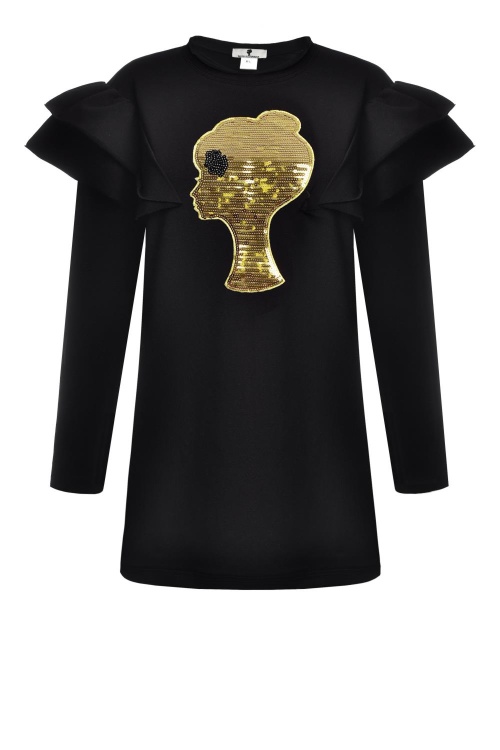 Платье "Лого" черное, воланы, лого золотистые пайетки