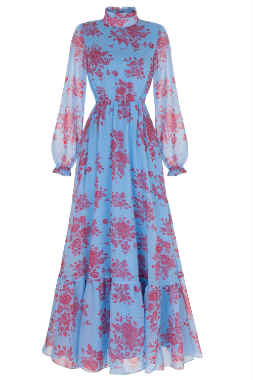 Платье "Амедеа" голубое, красный принт, макси