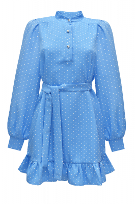 Платье "Эланта" голубое, белый горох, подол в сборку, мини