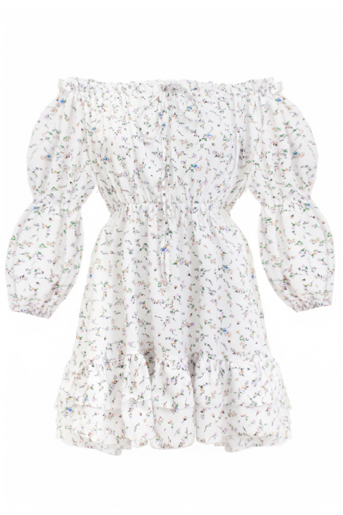 Платье "Лусия" белое, цветочный принт, воланы по юбке, мини