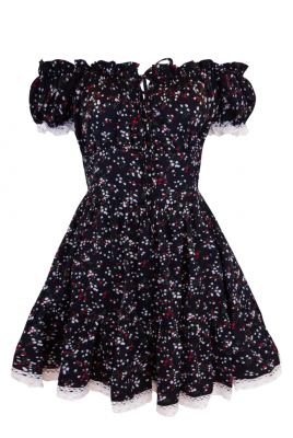 Платье "Коринн" Черное с маленькими цветами ,Мини, Кружевные рукава