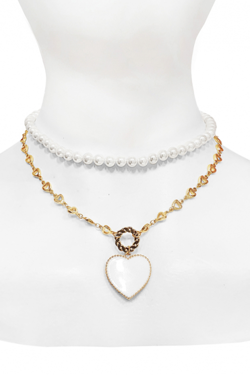 Колье - цепочка с жемчугом и сердцем с белой эмалью, золотистое (2 нити)