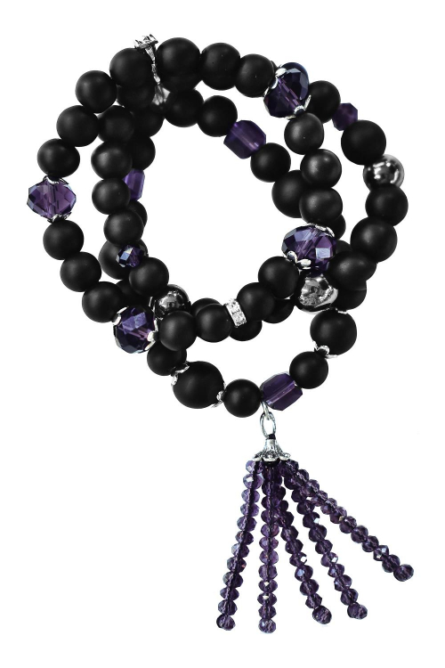 Набор браслетов с кулоном, черный матовый, фиолетовые вставки (3 шт)
