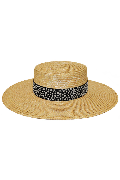 Шляпа "Канотье" песочная со стразами, широкие поля (10 см)
