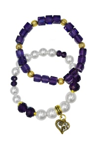Набор браслетов с сердечком, фиолетовый хрусталь с жемчугом (2 шт)