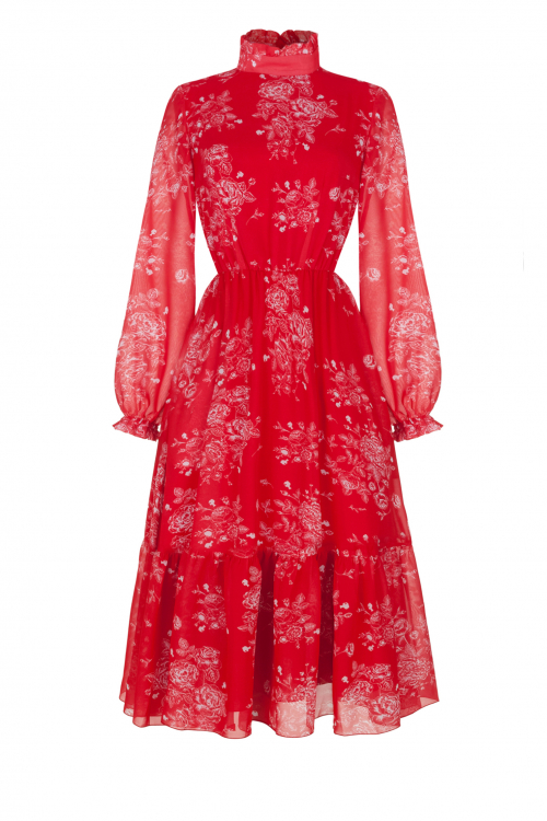 Платье "Амедеа" красное, молочный принт, миди