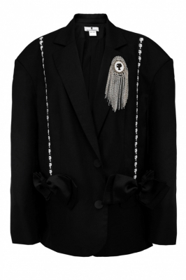 Пиджак - жакет "Адажио" черный, костюмка + Брошь "ЛОГО" со стразами