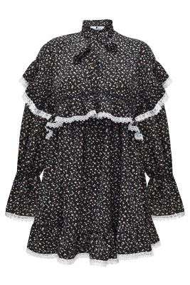Платье "Виллетт" черное, цветочный принт, с кружевом