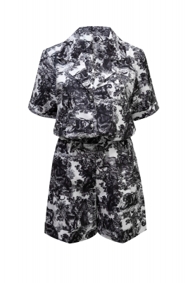 Костюм - пижама "Паскаль" молочный, черный принт "прованс" с шортами