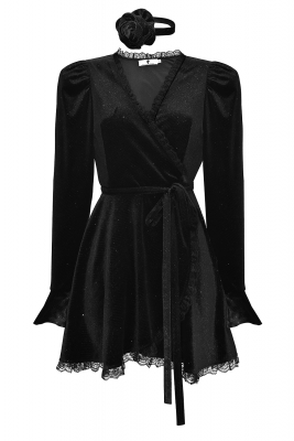 Платье "Джоан" черное, бархат с напылением, мини + чокер "роза"