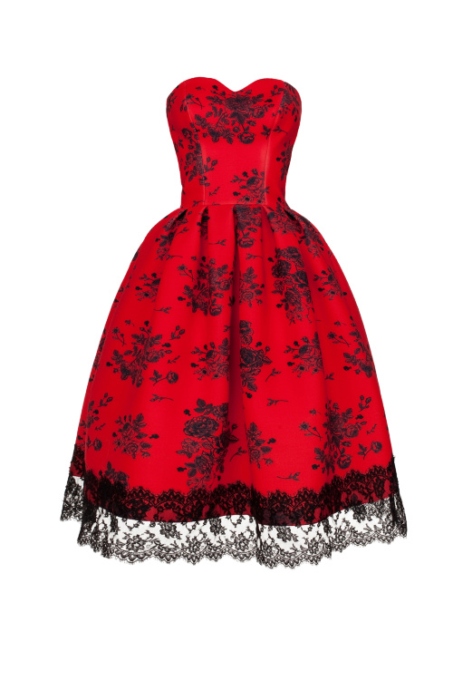Платье "Аннета" красное, черный принт, миди