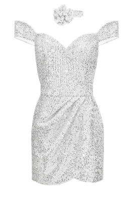 Платье "Джил" белое, серебристые пайетки, мини + чокер "роза"