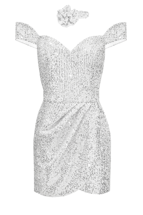 Платье "Джил" белое, серебристые пайетки, мини + чокер роза