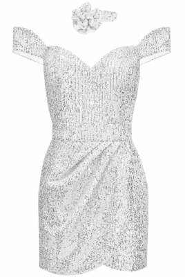 Платье "Джил" белое, серебристые пайетки, мини + чокер роза