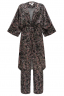 Костюм - пижама "Фёрн" черный, шелк, принт цветы (халат - туника)